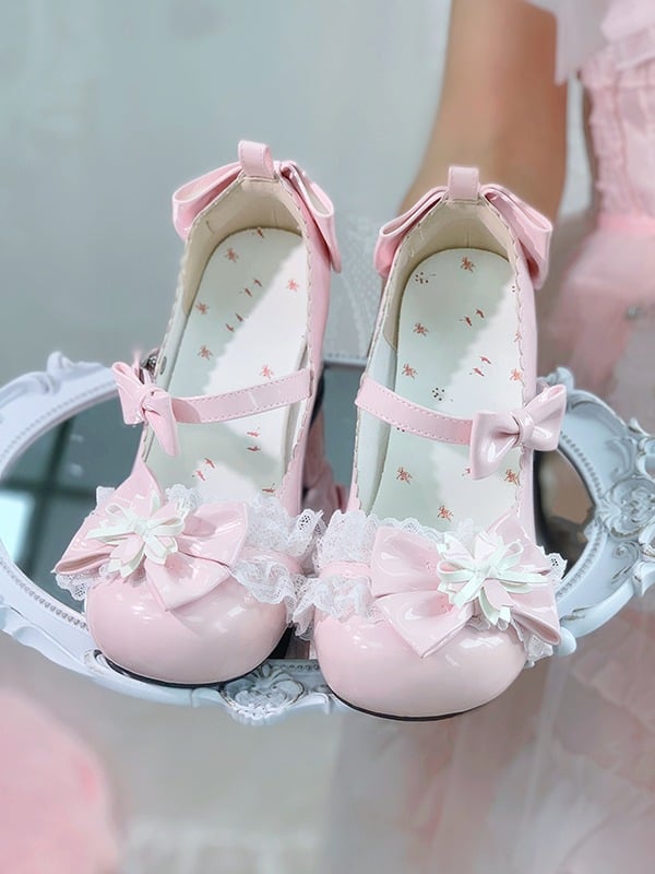 Sweet Lolita Pink Cherry Blossom Theme Lace & Bow Round Toe Shoes - 5.5CM Mid Heel - Hazelnut Bear