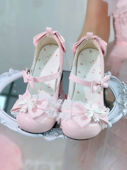 Sweet Lolita Pink Cherry Blossom Theme Lace & Bow Round Toe Shoes - 5.5CM Mid Heel - Hazelnut Bear
