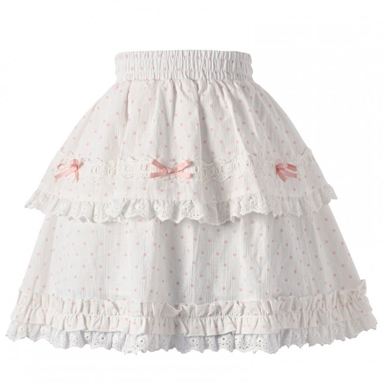ブルー/ピンクの水玉模様の蝶結び、フリルのレーストリムのティアードスカート