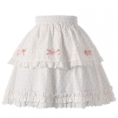 ブルー/ピンクの水玉模様の蝶結び、フリルのレーストリムのティアードスカート