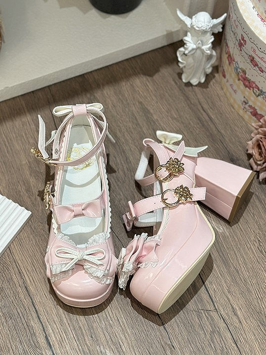 High-heel Design Mary Hem White Pink Bow with Janes Scalloped 8cm Lolita  Details Elegant
