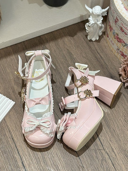 High-heel Design Mary Hem White Pink Bow with Janes Scalloped 8cm Lolita  Details Elegant