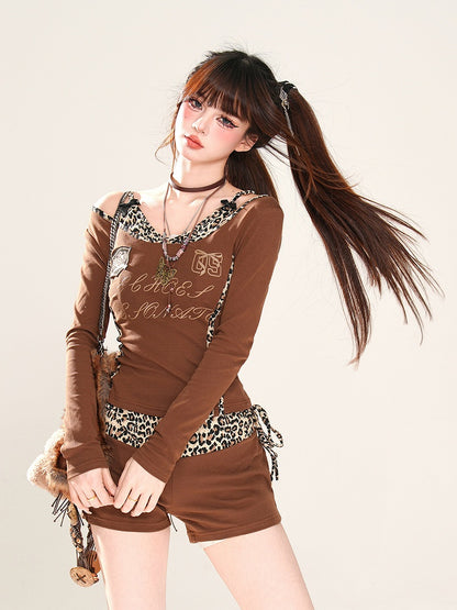 ギャルファッション ブラウン ヒョウ柄 Vネック スポーツ グラマラス トップス フェイクツーピース