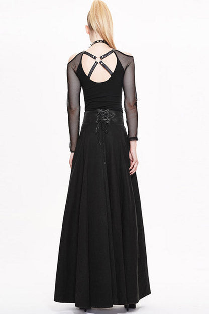 Black Torn Multi-Wear Leather Waistband Punk Rock Flowing Long Half Skirt