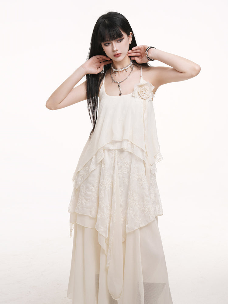 Slip Detail Rose with Dress Apricot Skirt Ankle-Length A-Line Multi-Layered