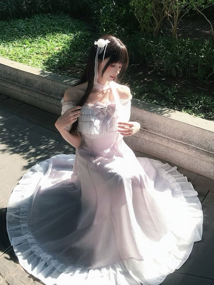 Purple Off-Shoulder Ruffled Flowy Seiso-Kei Maxi Dress - LA LA JK