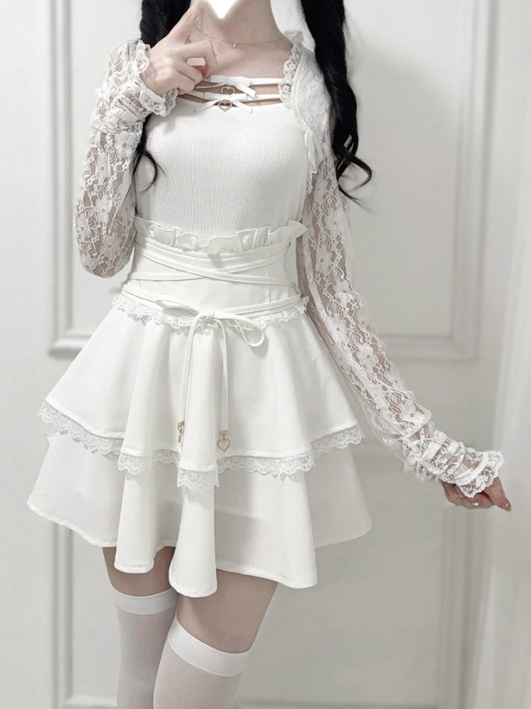 Ruffled High Tie and Black/Dusty Design Detail Pink/White in Corset Waist Skirt Double-Layer
