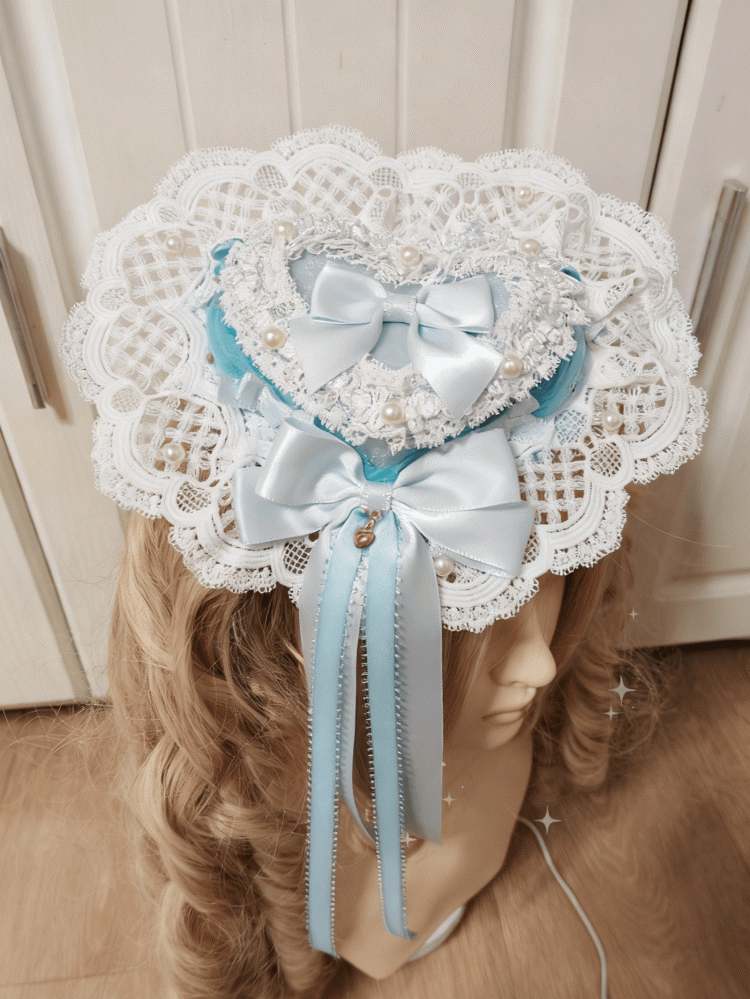 Sweet Pink/Red/Blue Bowknot Hat Mini Clips With Lace Heart-shaped Lolita