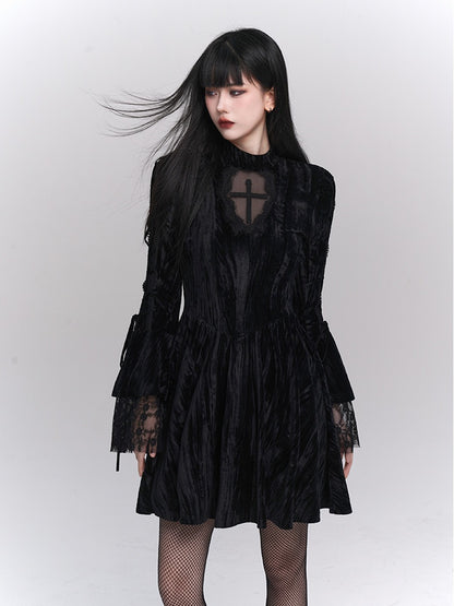 Black Gothic Cross Lace Trim Dress with Lace-up Detail at Bell Sleeves