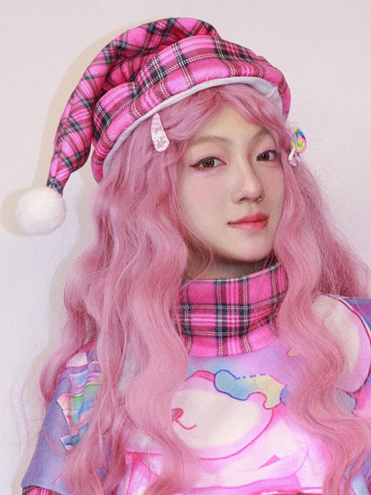 Plaid Christmas Pompon Pattern Hat Y2K Decorated Colorful/Pink