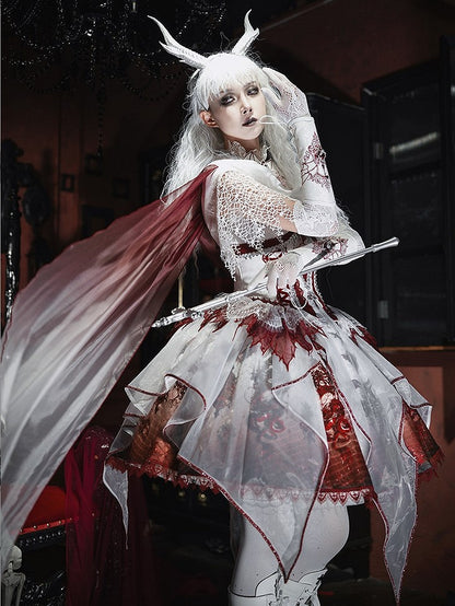 Red & White Bone Dragon Embroidery Halter Neck Gothic Lolita Dress Set - Ying Luo Fu