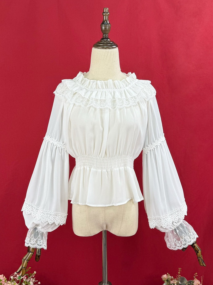 White Elastic Neckline Chiffon Long Balloon Sleeves Blouse