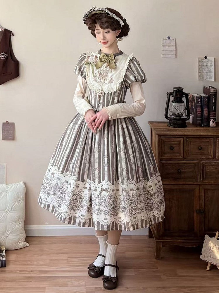 Bodice Pattern and Bowknot Lolita Piece Classic Embroidery Version Brown Long One Striped Floral