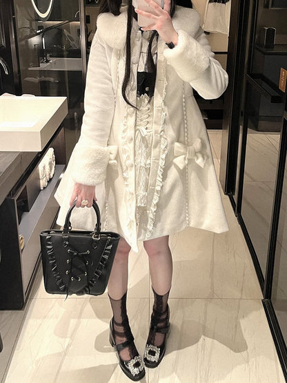 ジライケイ ホワイト/ブラック 取り外し可能なケープ 蝶結びディテール 地雷スタイルコート