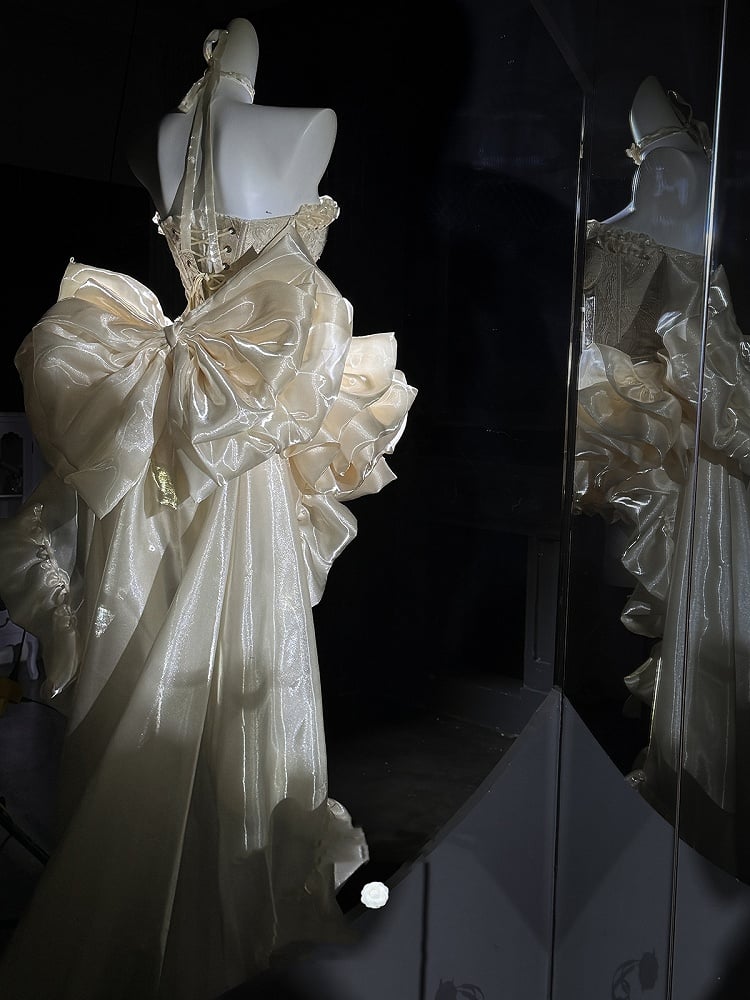 Set Balletcore + Full Top Train Big Bow Sleeves Skirt Corset Gold Lace-up