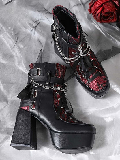 Platform Gothic Block Heel Style in Decor Black Chain High Boots Multi Removable Red System Fastening