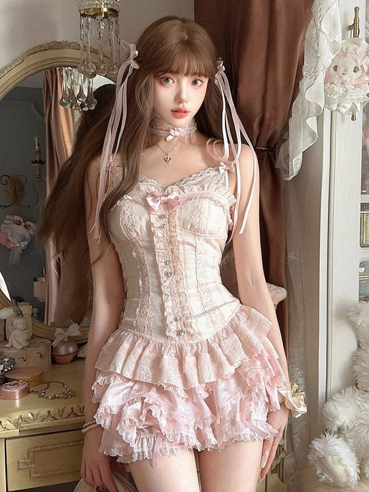 Ruffled  Detachable Bow Lace Bustier Corset With Floral Embroidery Pink