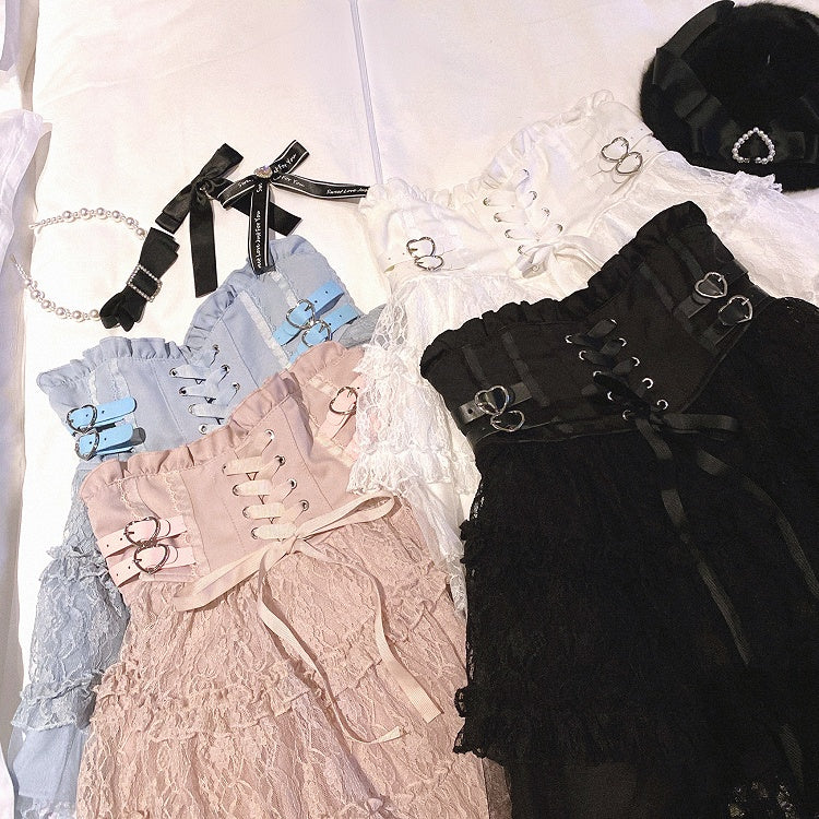 Jirai Kei Blue Heart Buckles Lace-up Detail Landmine Style High Waist Lace Tiered Skirt