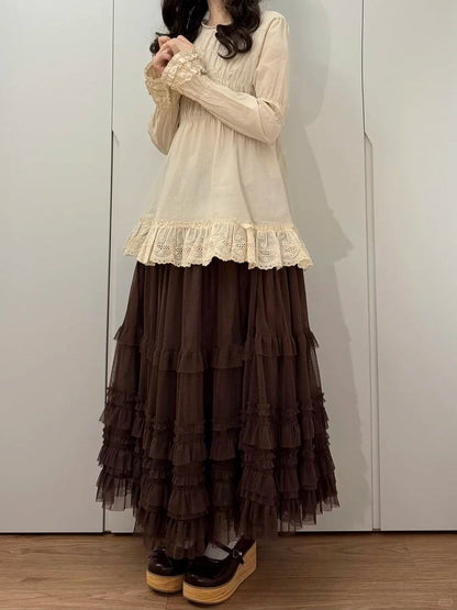 Jupe Lolita marron à volants à plusieurs épaisseurs, élégante et ample en tulle