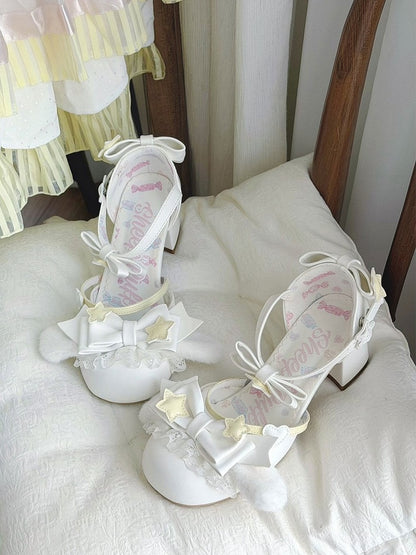 White Kawaii Plush Dog Ears Mid Heel Shoes - Sheep Puff