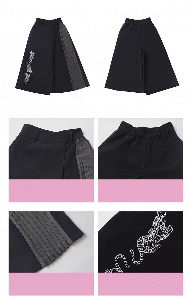 Tiger Embroidery Black Pleated Wide Leg Pants Side - PINK SAVIOR