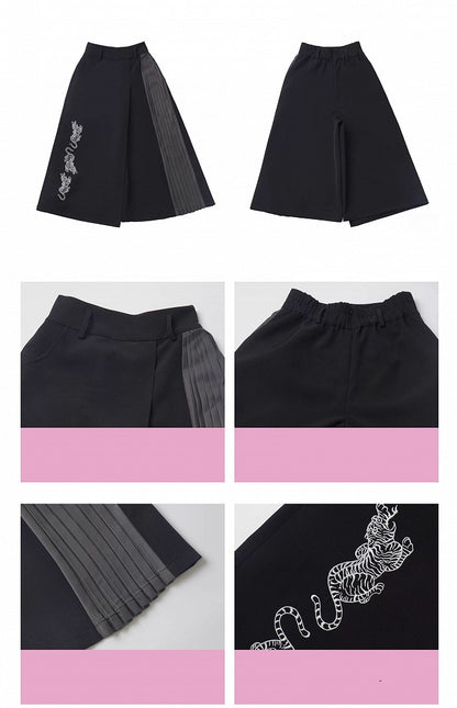 Tiger Embroidery Black Pleated Wide Leg Pants Side - PINK SAVIOR
