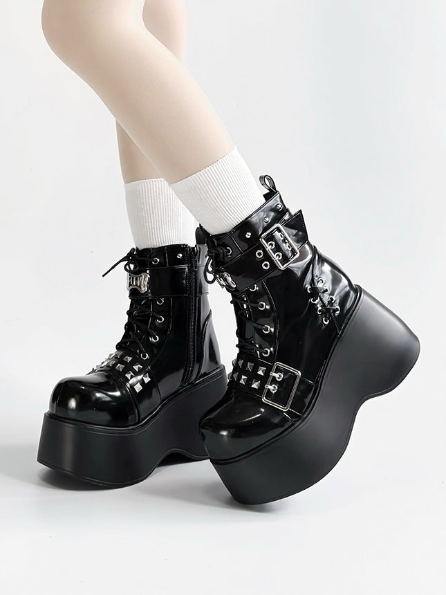 Bone with Design And Punk Studded Platform Black Lace-Up Polished Accents Details Boots PU Buckle -