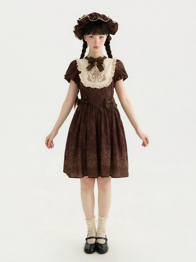 Piece Version Lolita Floral Bodice One Embroidery Classic and Brown Short Bowknot