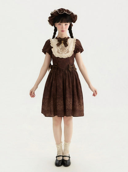 Piece Version Lolita Floral Bodice One Embroidery Classic and Brown Short Bowknot