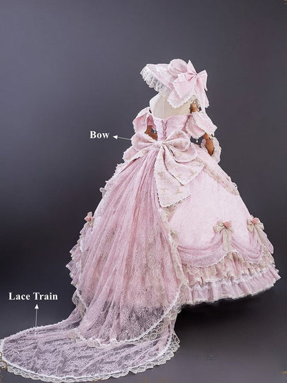 Bow Hanayome Pink Long with Layered Details Ruffles Lace Gown and Hime Version Off-Shoulder Lolita