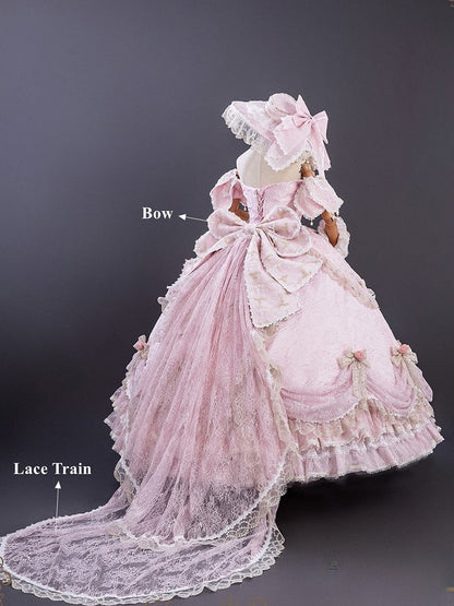 Pink Off-Shoulder Lolita Lace Gown with Ruffles and Bows - Hinana Queena