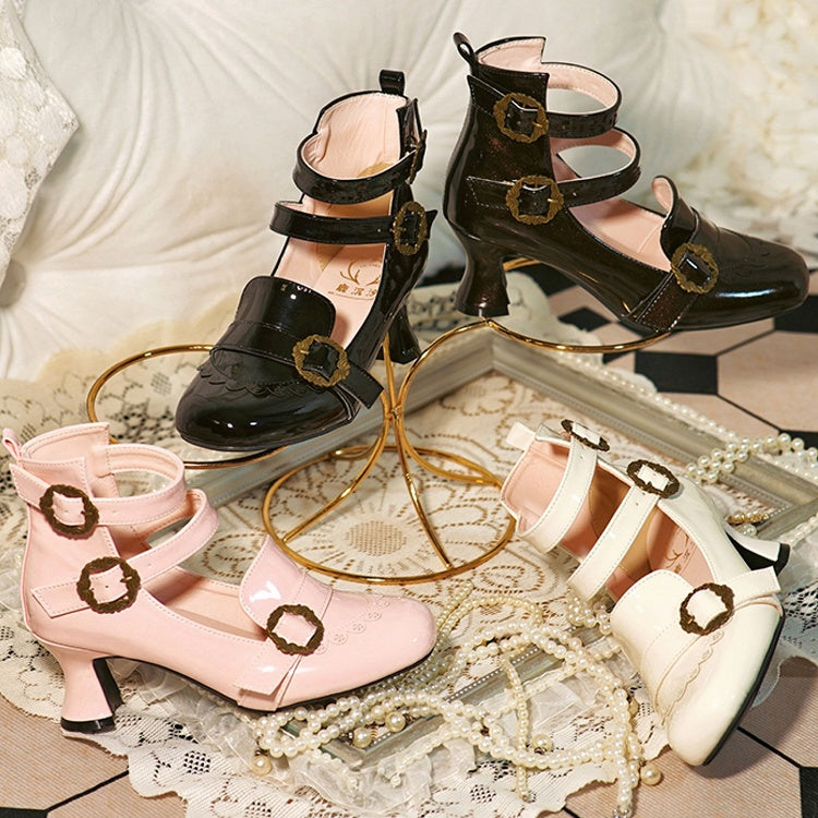 Elegant in Mid Rosette Fastening System Embellishments Glittery Triple Lolita Brown Heels with