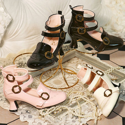 Elegant in Mid Rosette Fastening System Embellishments Glittery Triple Lolita Brown Heels with