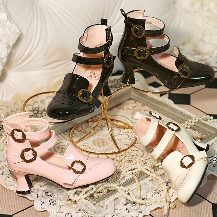 Details Lolita Elegant Mid-Heel Three-Strap Mary Rose Creamy Janes Closure White Romantic -