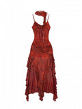 Slip Red Asymmetrical Tie-Dye Brooch Floral Print Layered Mesh with Flame Dress Hem