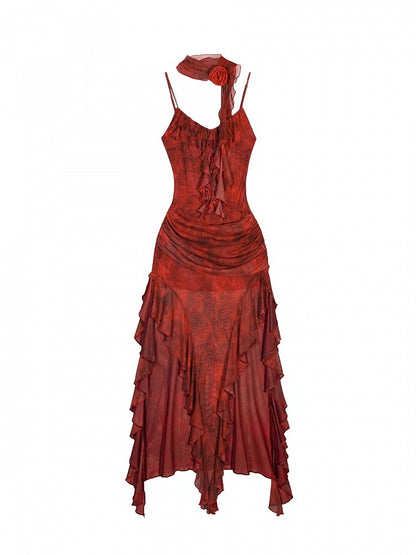 Slip Red Asymmetrical Tie-Dye Brooch Floral Print Layered Mesh with Flame Dress Hem