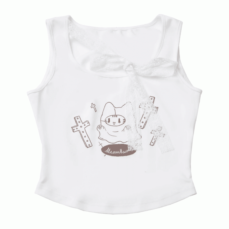 セルフタイストラップ付きホワイトキャットプリントタンクトップネックライン