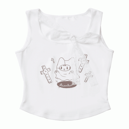 セルフタイストラップ付きホワイトキャットプリントタンクトップネックライン