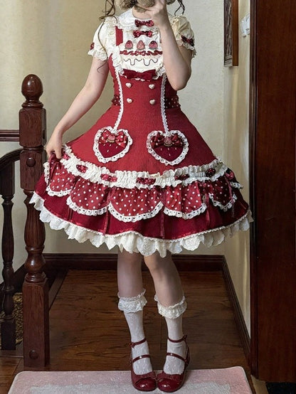 Strawberry-Print JSK Dress with Polka-Dot Bow & Peter Pan Collar Blouse Set - Day Rabbit