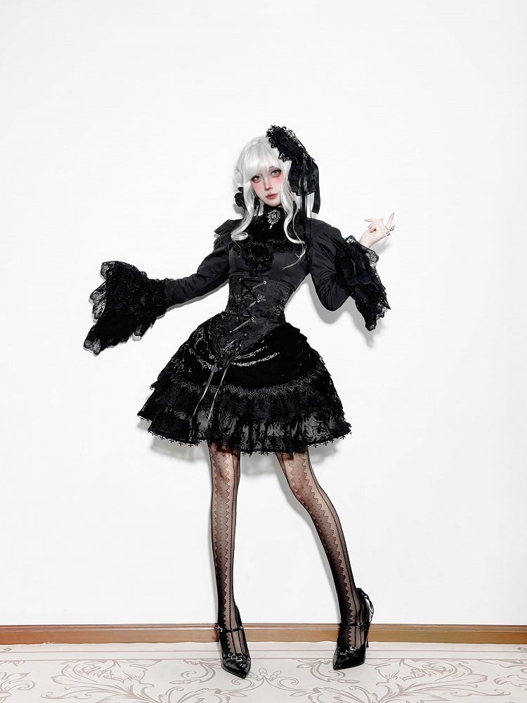 Long Sleeves Shirt Gothic High Boned Black Set All Lolita - Bell + Full Tie Mini Hat Jabot Skirt Waist