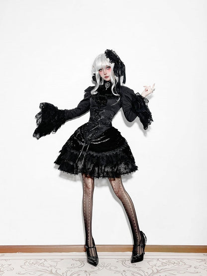 Long Sleeves Shirt Gothic High Boned Black Set All Lolita - Bell + Full Tie Mini Hat Jabot Skirt Waist