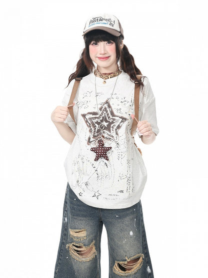 Gray Vintage Crew Neck Tee with Star Print - Languid Park