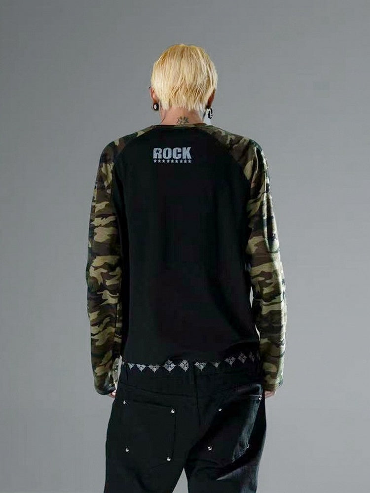 Black Skull Print Camo Long Sleeve Punk Top - DETW OnLine