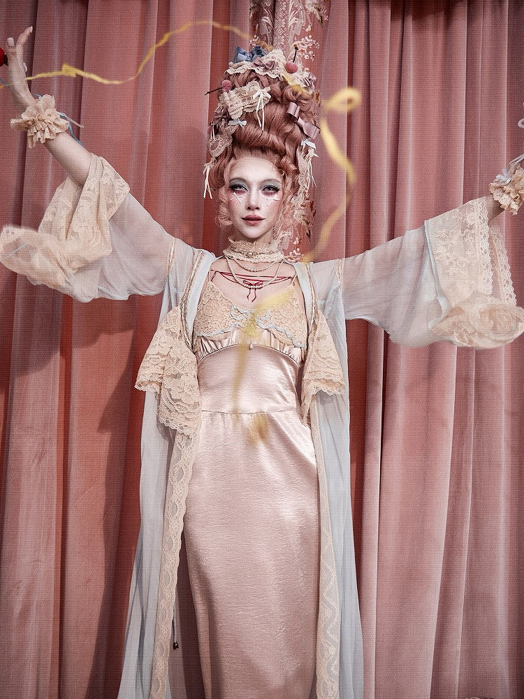 Baby Blue Bell Sleeve Flared Robe with Apricot Lace Details - Blood Supply