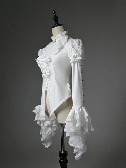 White Ruffled High Neck Long Sleeve Shirt
