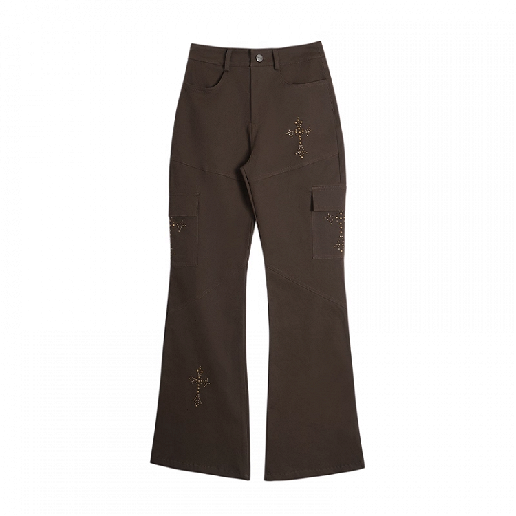 ローフレアパンツ ブラウン ウエストクロス ラインストーン ヴィンテージ
