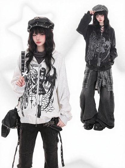 Dark Kawaii Dark Gray Zip-Up Hoodie with Portrait Graffiti Print - KNOW8 Online Shop