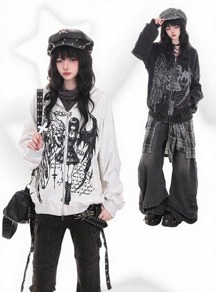 Dark Kawaii Light Gray Zip-Up Hoodie with Portrait Graffiti Print - KNOW8 Online Shop