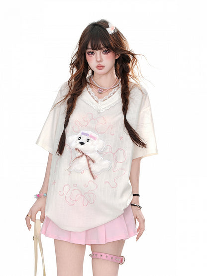 Loose Yume Adorable Puppy Pattern White/Blue T-Shirt Kawaii