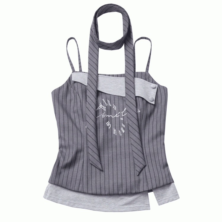 Detachable Dark Preppy Light Gray Faux Scarf with Two-Piece | Stripe Camisole